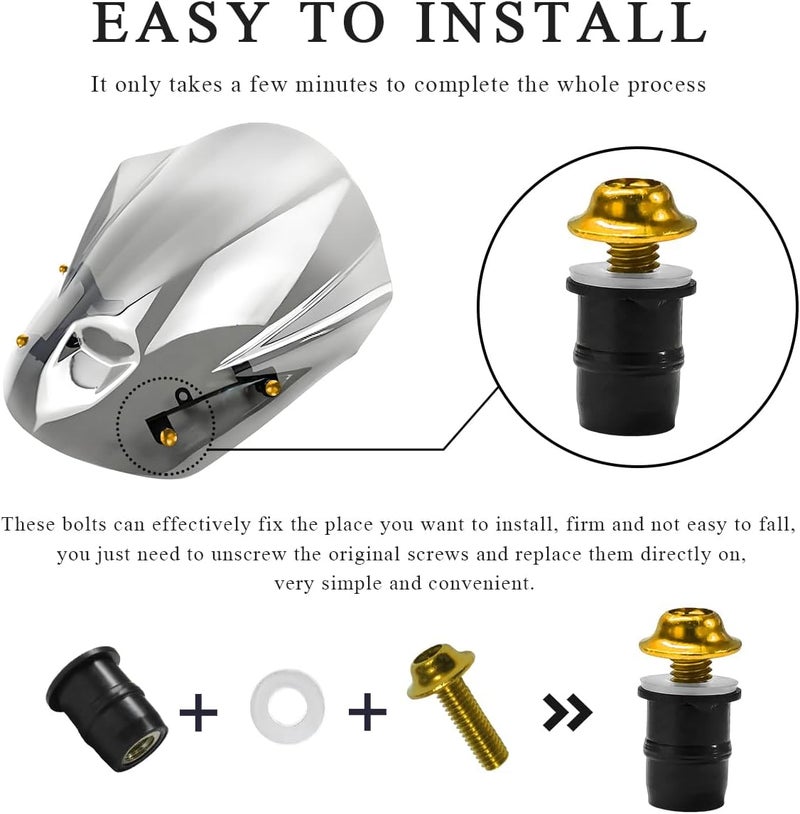 MUQIDA 10 PCS Motorcycle Windshield Bolts Screws Kit, Aluminum Alloy Motorbike Windscreen Body Fasteners, Universal Windshield Mounting Bolts with Wrench for Motorcycle Fairings (Golden) - Image 4